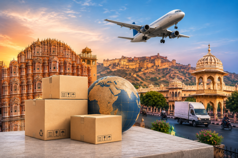 International courier service in Jaipur with cargo boxes, airplane and Jaipur monuments for worldwide parcel delivery