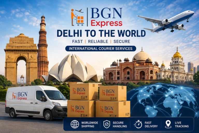 BGN Express international courier service in Delhi with airplane, delivery van, parcels, and famous Delhi landmarks